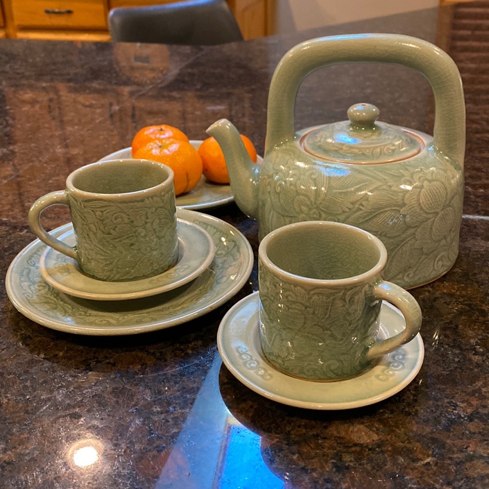 Celadon tea set, tea pot, 2 sets of cups. 2 saucers, 2 small plates.